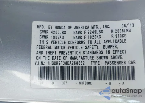 2013 Honda Accord Lx from USA, damaged, VIN 1HGCR2F38DA268862